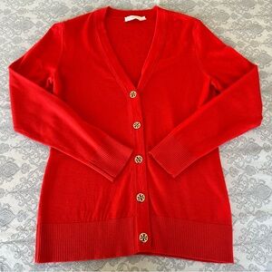 Tory Burch Vibrant Red Orange Merino Wool Cardigan Button Front Sz Large
